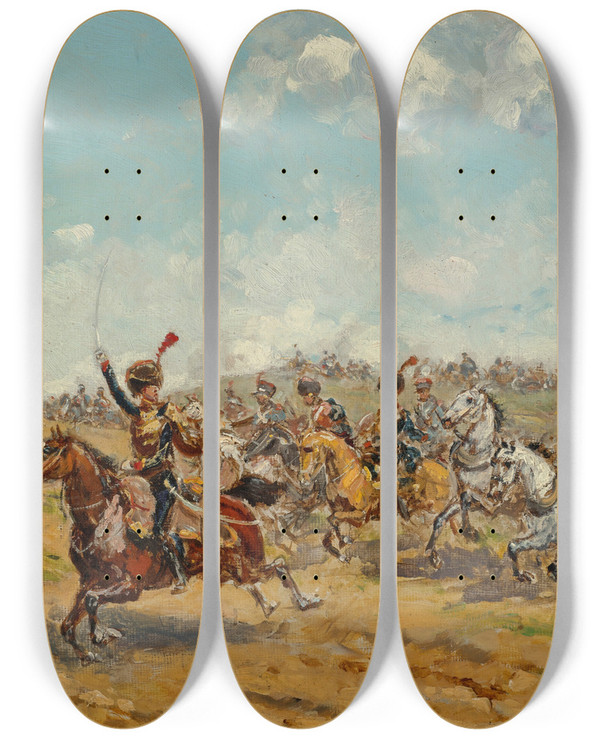 Triptych art skateboard deck of Paul Emile Lon Perboyre Le Marchal Augereau Aprs Avoir Dirig La Division Heudelet Dploie Son Artillerie Sur Le Plateau Du Landgrafenberg La Bataille Dina Le 14 Octobre 1806 by Paul Emile Leon Perboyre (1851-1929)