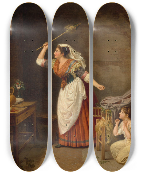 Triptych art skateboard deck of Louis Gauffier The Stolen Bird by Louis Gauffier (1762-1801)