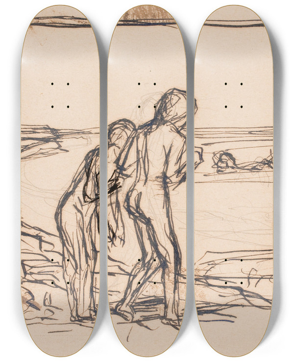 Triptych art skateboard deck of Fritz Syberg Badende Brn P Stranden by Fritz Syberg (1862-1939)