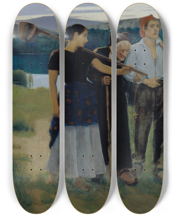 Triptych art skateboard deck of Joan Llimona Returning From The Plot by Joan Llimona (1860-1926)
