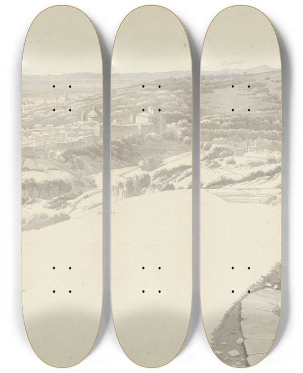Triptych art skateboard deck of Josephus Augustus Knip View Of Ariccia From Genzano by Josephus Augustus Knip (1777-1847)