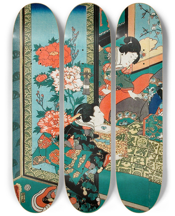 Triptych art skateboard deck of Utagawa Kunisada Toyokuni Iii Hour Of The Snake by Utagawa Kunisada (Toyokuni III) (1786-1865)