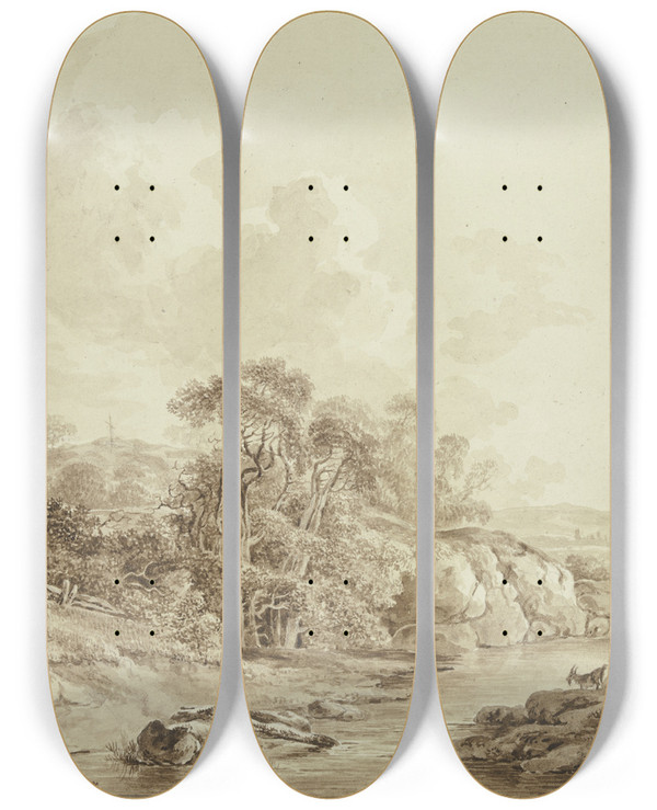 Triptych art skateboard deck of Johann Heinrich West Mittelgebirgslandschaft Mit Bach Rechts Viehherde by Johann Heinrich Wuest (1741-1821)