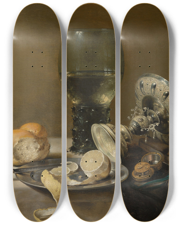 Triptych art skateboard deck of Pieter Claesz Still Life With Tazza by Pieter Claesz (1596-1660)