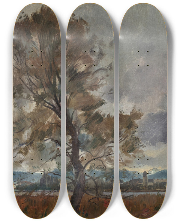 Triptych art skateboard deck of Hiasl Maiererding Gewitter Ber Der Fraueninsel by Hiasl Maier-Erding (1894-1933)