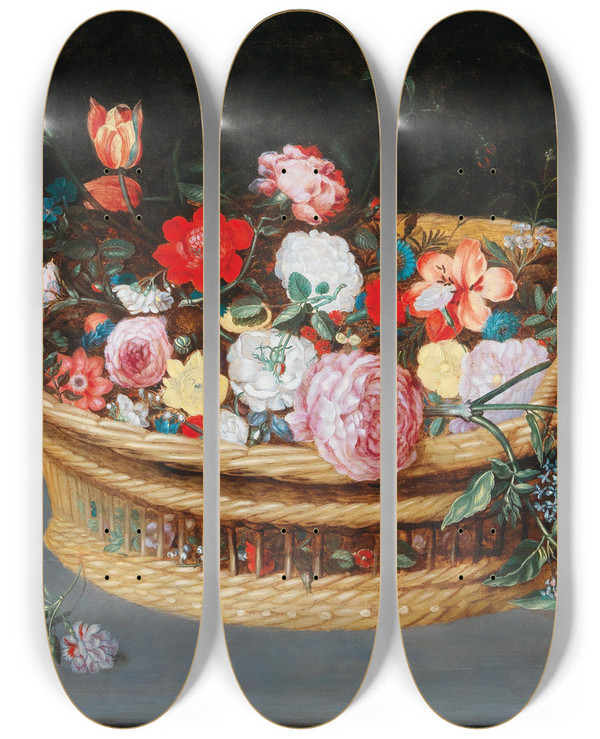 Triptych art skateboard deck of Jan Brueghel The Younger A Basket With Spring Flowers On A Stone Table by Jan Brueghel the Younger (1601-1678)