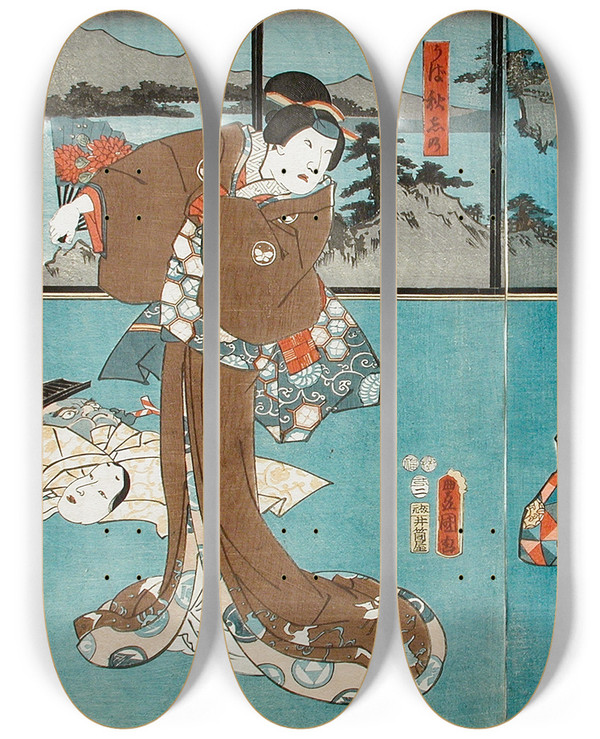 Triptych art skateboard deck of Utagawa Kunisada Toyokuni Iii Actors In The Roles Of Toriyama Shsaku And Uba Akishino by Utagawa Kunisada (Toyokuni III) (1786-1865)