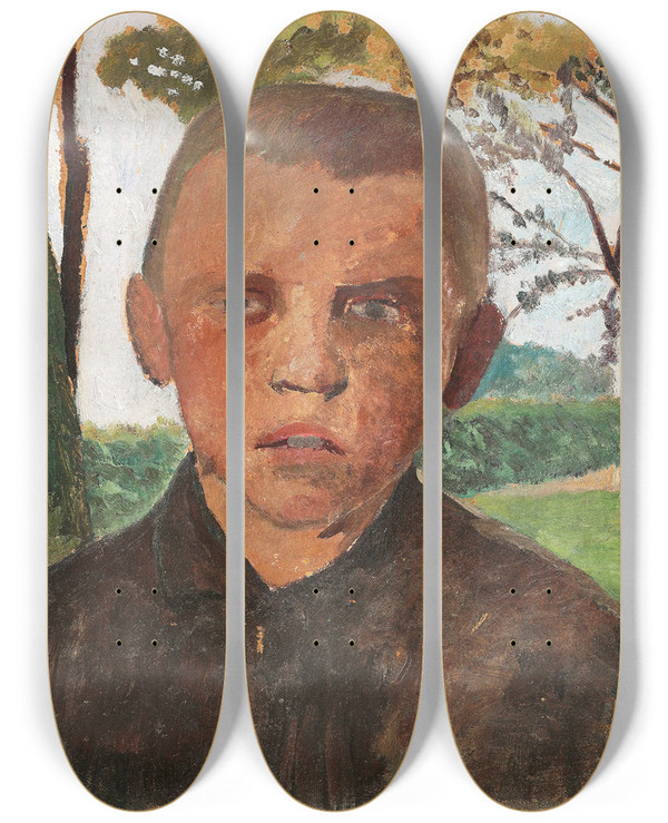 Triptych art skateboard deck of Paula Modersohnbecker Brustbild Eines Jungen Vor Apfelbumen by Paula Modersohn-Becker (1876-1907)