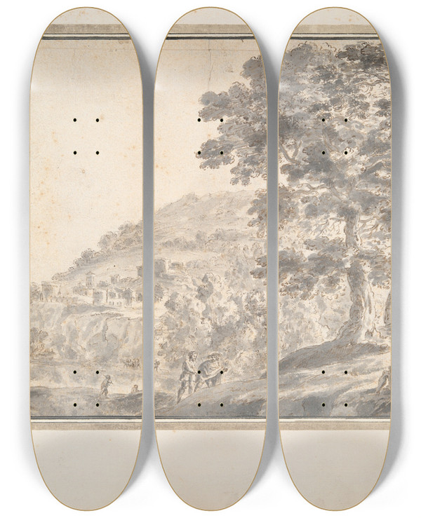 Triptych art skateboard deck of Herman Van Swanevelt Landscape Withfigures by Herman Van Swanevelt (1600-1655)