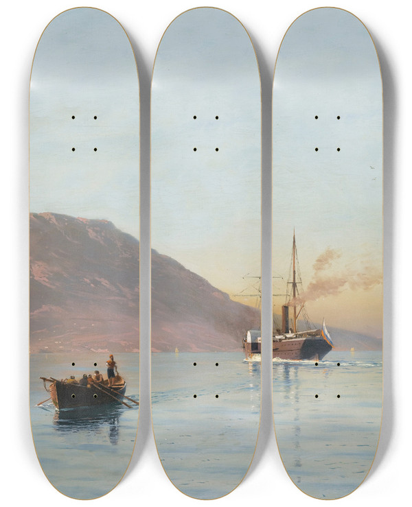 Triptych art skateboard deck of Lev Felixovich Lagorio The Bay Of Feodosia by Lev Felixovich Lagorio (1828-1905)
