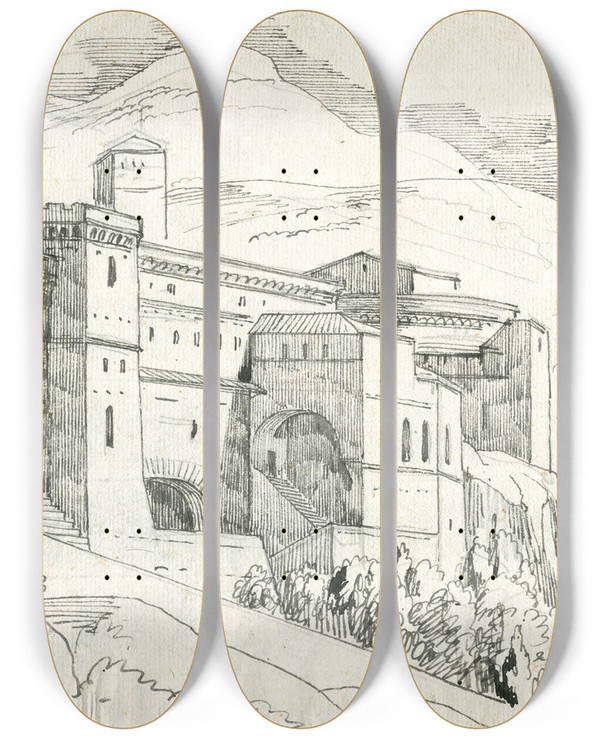 Triptych art skateboard deck of David Humbert De Superville Subiaco Gebouwencomplex In De Bergen by David Humbert De Superville (1770-1849)