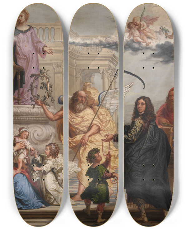 Triptych art skateboard deck of Jan Ykens Allegorical Adoration Of The Birth Of A Prince by Jan Ykens (1613-1680)