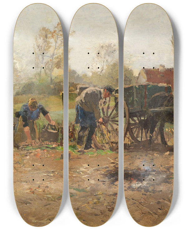 Triptych art skateboard deck of Hugo Mhlig Bei Der Ernte Niederrhein by Hugo Muhlig (1854-1929)