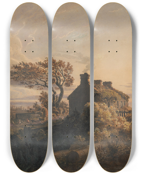 Triptych art skateboard deck of Cornelius Varley Evening by Cornelius Varley (1781-1873)