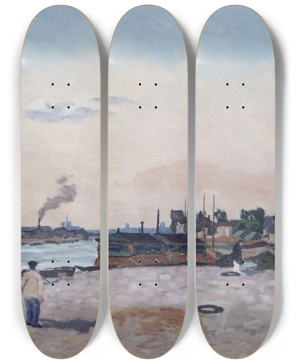 Triptych art skateboard deck of Armand Guillaumin Le Quai De Bercy by Armand Guillaumin (1841-1927)