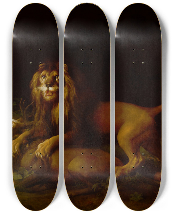 Triptych art skateboard deck of George Stubbs A Lion Attacking A Stag by George Stubbs (1724-1806)