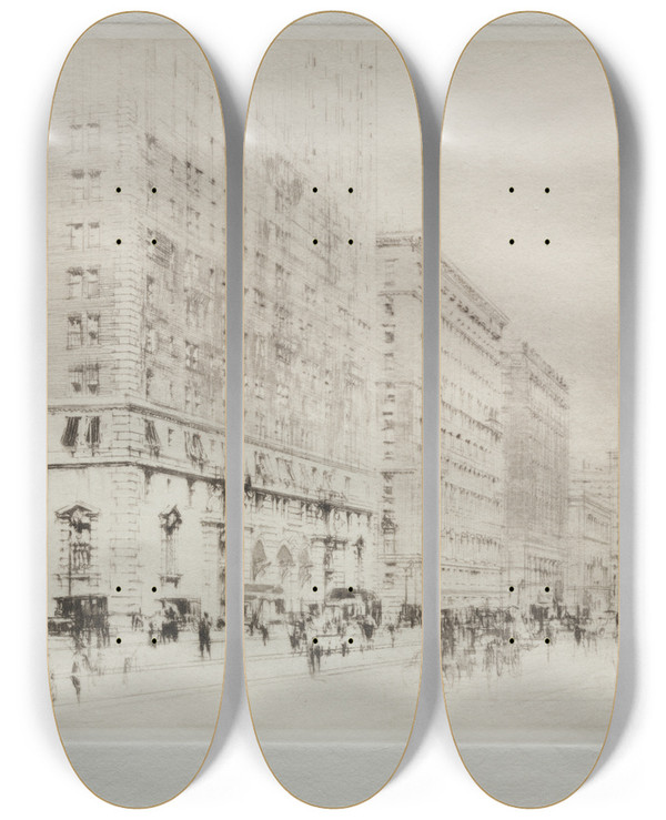Triptych art skateboard deck of William Walcot Park Avenue New York by William Walcot (1874-1943)