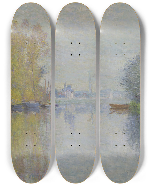 Triptych art skateboard deck of Claude Monet Autumn On The Seine Argenteuil by Claude Monet (1840-1926)