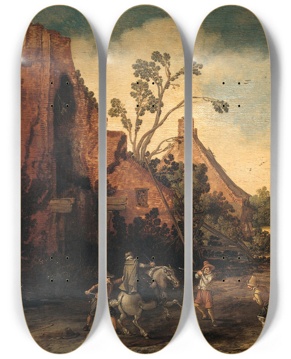 Triptych art skateboard deck of Esaias Van De Velde The Robbery by Esaias van de Velde (1587-1630)
