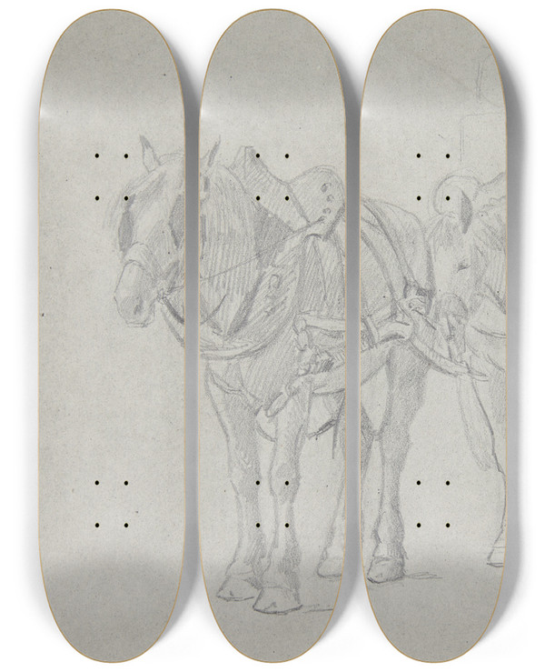 Triptych art skateboard deck of Agnes Lunn Vogn Forspndt To Heste by Agnes Lunn (1850-1941)