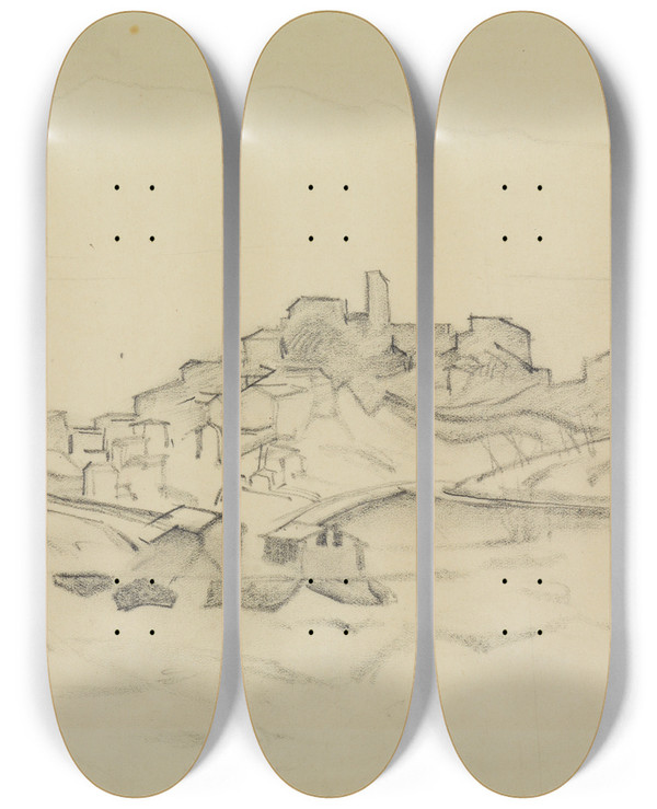 Triptych art skateboard deck of Alexander Kanoldt Ansicht Von Olevano Olevano I by Alexander Kanoldt (1881-1939)