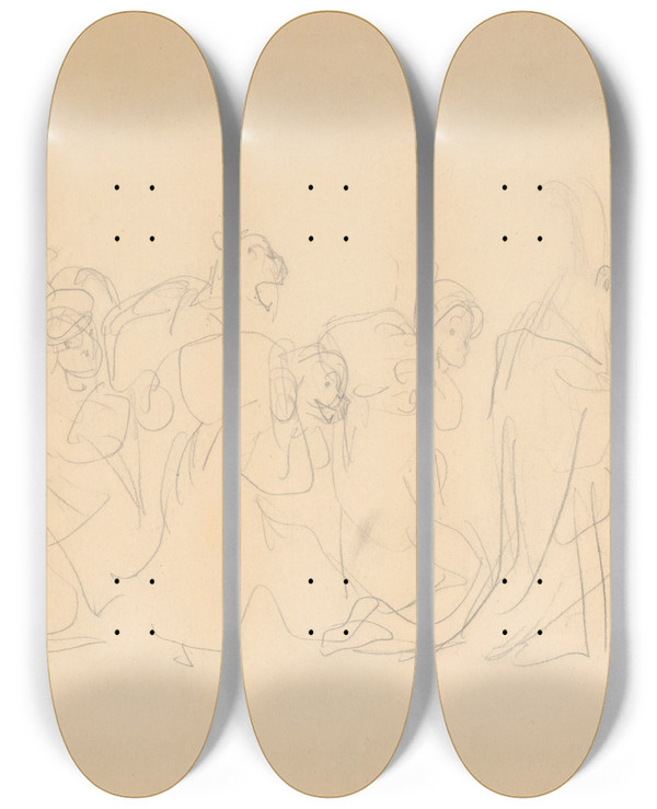 Triptych art skateboard deck of Jn Novk Zvierac Zstup by Jan Novak (1921-1944)
