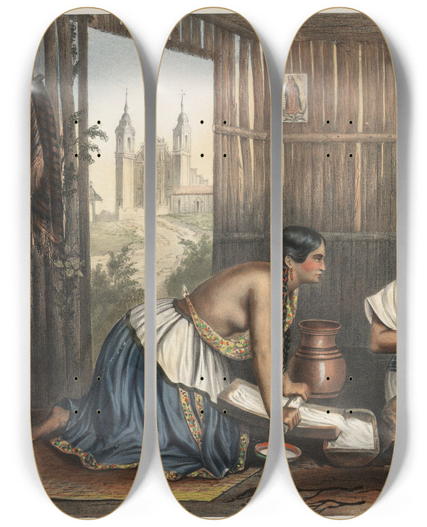 Triptych art skateboard deck of Julio Michaud Las Tortilleras by Julio Michaud (1830-1869)