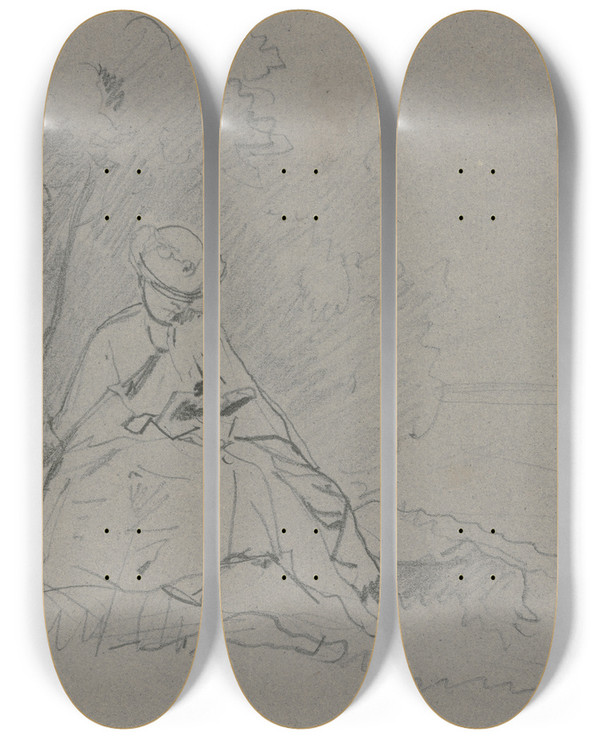 Triptych art skateboard deck of Philipp Rumpf Reading Woman In The Outdoors by Philipp Rumpf (1821-1896)