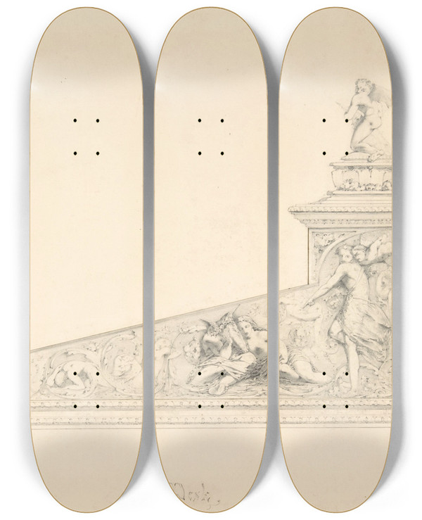 Triptych art skateboard deck of G Clark Stanton Design For A Desk With Decorations From A Midsummer Nights Dream by G Clark Stanton (1832-1894)