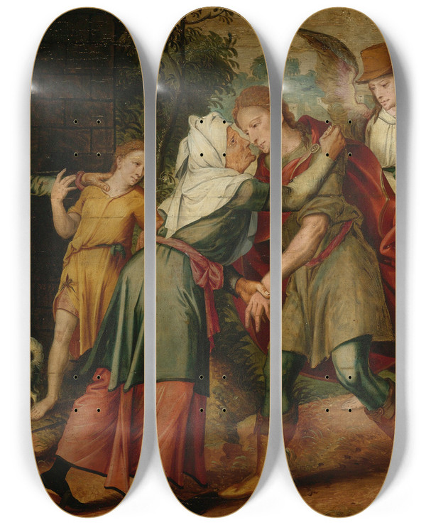 Triptych art skateboard deck of Master Of The Prodigal Son The Return Of Tobias by Master Of The Prodigal Son