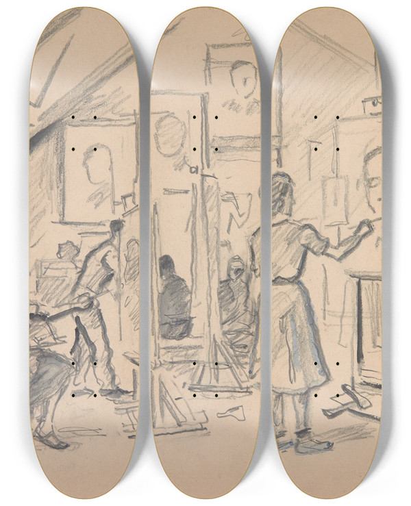 Triptych art skateboard deck of Ivan Ivanec Studenci Podczas Zaj W Pracowni Malarskiej by Ivan Ivanec (1893-1946)