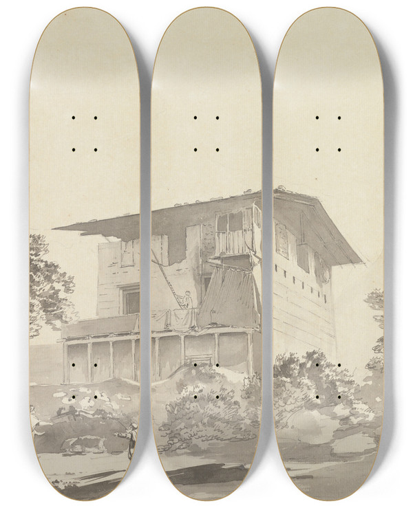 Triptych art skateboard deck of Samuel Davis In The Village Near Tassisudon Tashicho Dzong_2 by Samuel Davis (1757-1819)