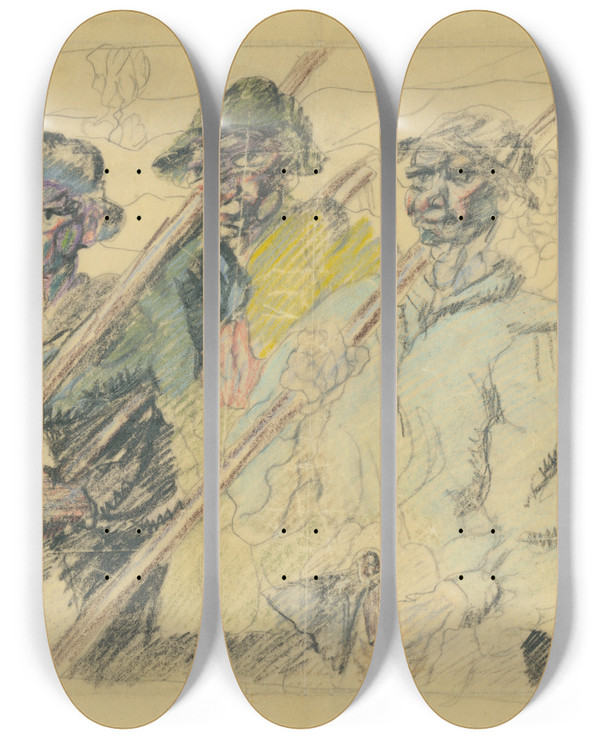 Triptych art skateboard deck of Kontantn Bauer Do Prce by Konstantin Bauer (1893-1928)