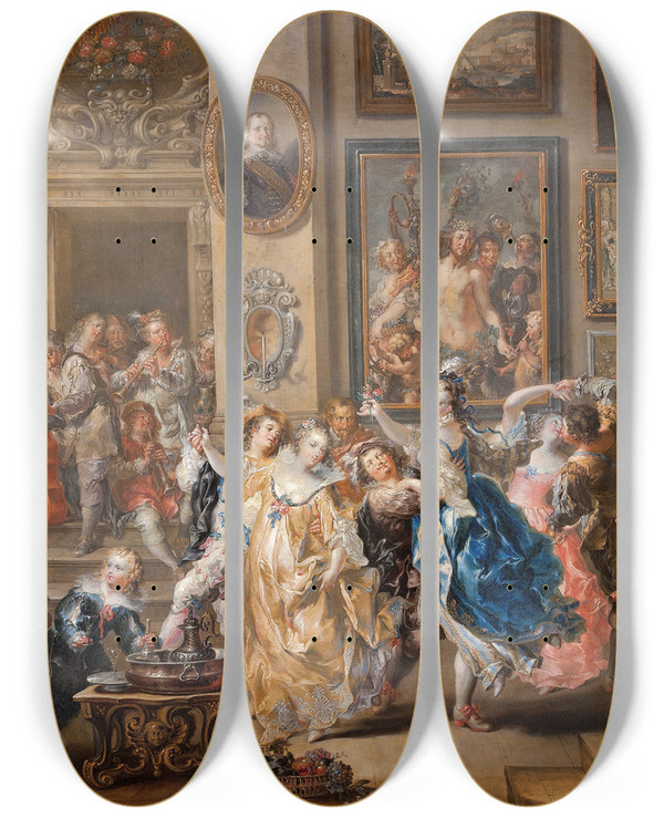 Triptych art skateboard deck of Johann Georg Platzer Dancing Scene With Palace Interior by Johann Georg Platzer (1704-1761)