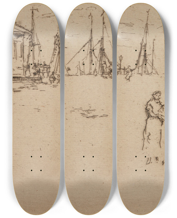 Triptych art skateboard deck of James Abbott Mcneill Whistler Fishing Quay Ostend by James Abbott Mcneill Whistler (1834-1903)