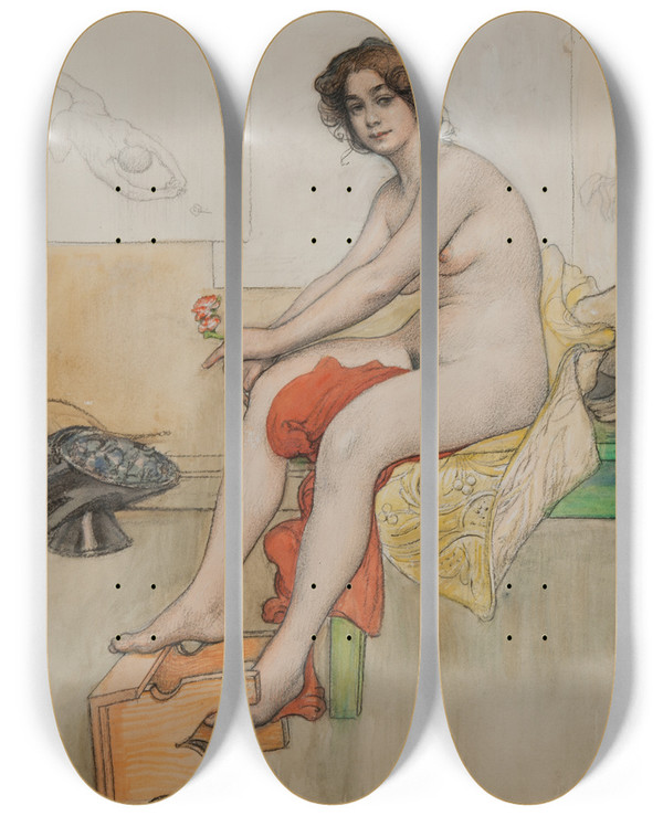Triptych art skateboard deck of Carl Larsson The Model And The Mannequins by Carl Larsson (1853-1919)