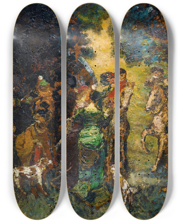 Triptych art skateboard deck of Adolphe Monticelli The Hunting Meeting by Adolphe Monticelli (1824-1886)
