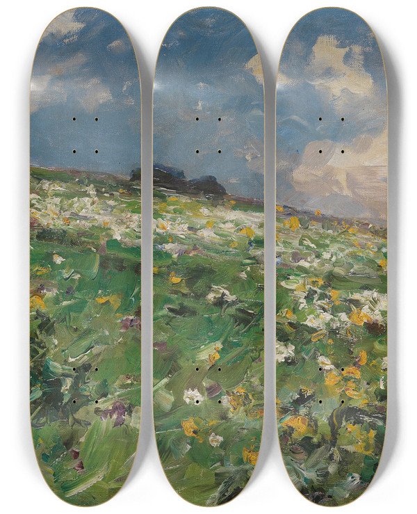 Triptych art skateboard deck of Alexander Koester Sommerwiese by Alexander Koester (1864-1932)