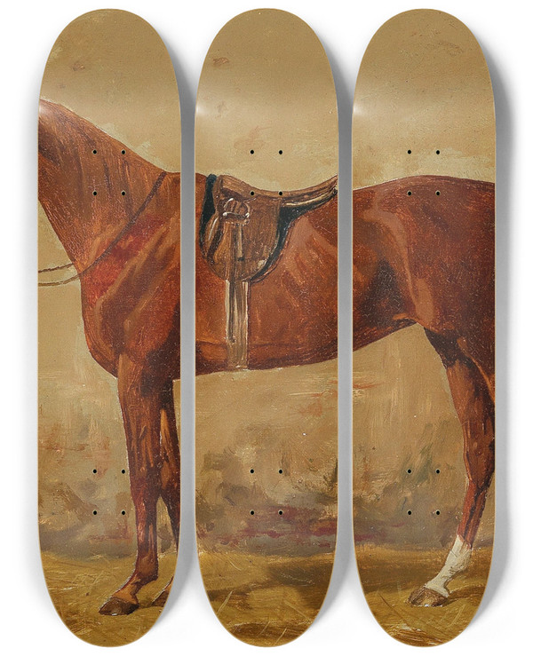 Triptych art skateboard deck of Emil Volkers Saddled Chestnut In The Stable by Emil Volkers (1831-1905)