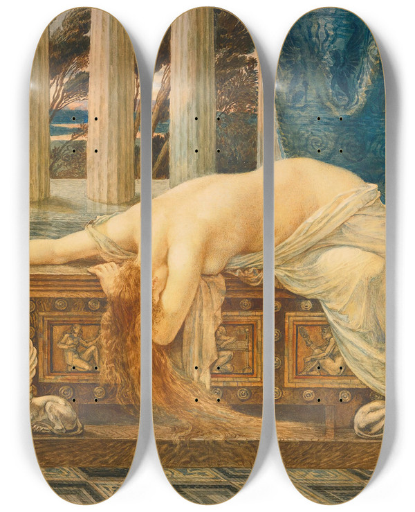 Triptych art skateboard deck of Walter Crane Pandora by Walter Crane (1845-1915)