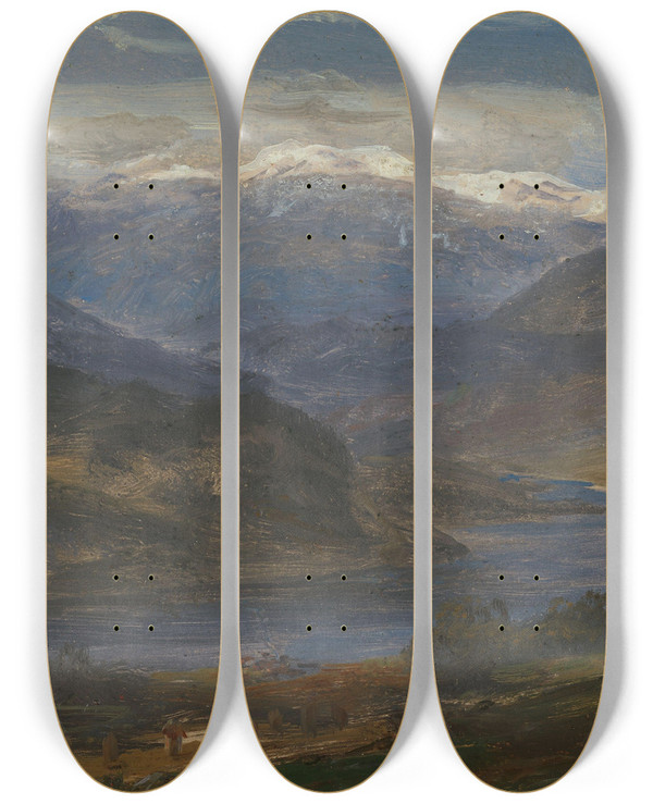 Triptych art skateboard deck of Johan Christian Dahl View Of Hjelle In Valdres_1 by Johan Christian Dahl (1788-1857)