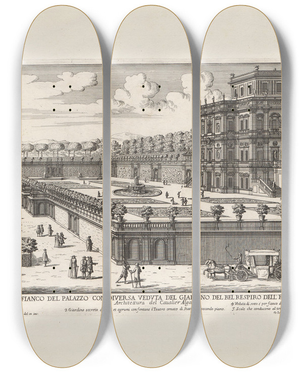 Triptych art skateboard deck of Giovanni Battista Falda Li Giardini Di Roma Con Le Loro Piante Alzate E Vedvte In Prospettiva Pl19 by Giovanni Battista Falda (1643-1678)