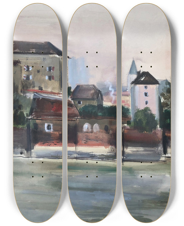 Triptych art skateboard deck of Otto Geigenberger Passau Am Inn 2 by Otto Geigenberger (1881-1946)