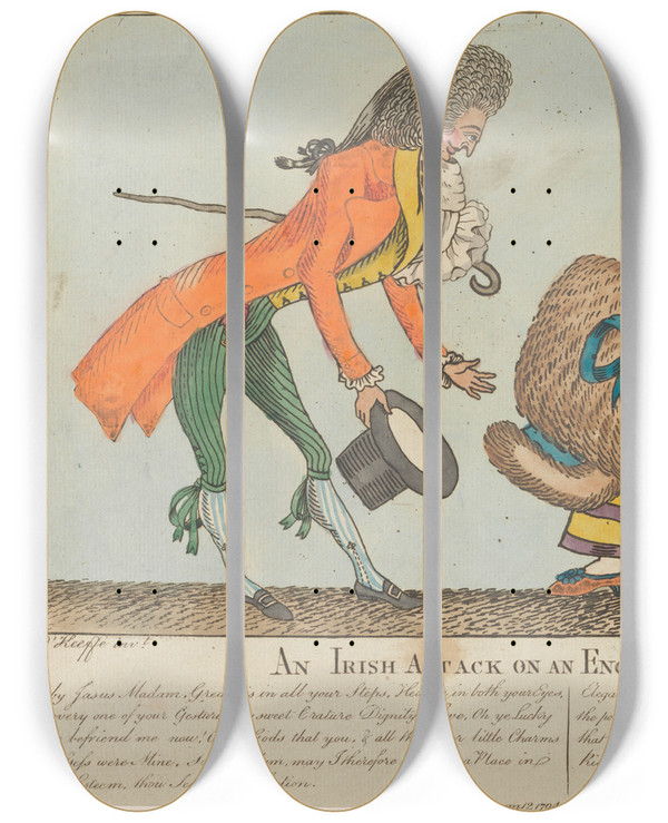 Triptych art skateboard deck of William Okeefe An Irish Attack On An English Surloin by William Okeefe