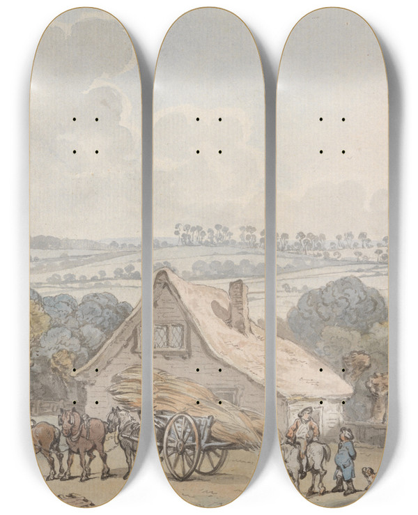 Triptych art skateboard deck of Samuel Howitt Landscape With Hay Cart Before A Cottage by Samuel Howitt (1756-1822)