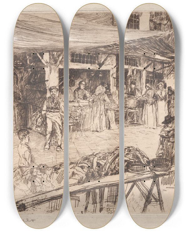 Triptych art skateboard deck of Otto Henry Bacher Old Market Florence by Otto Henry Bacher (1856-1909)