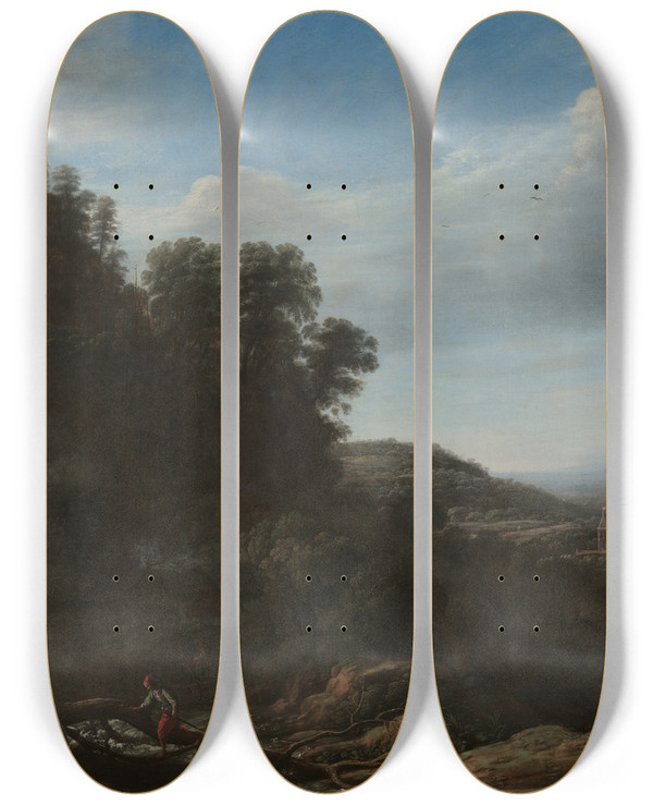 Triptych art skateboard deck of Claude Lorrain Italian Landscape by Claude Lorrain (1604-1682)