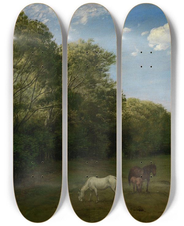 Triptych art skateboard deck of Hans Thoma Landschaft Mit Weidenden Pferden by Hans Thoma (1839-1924)