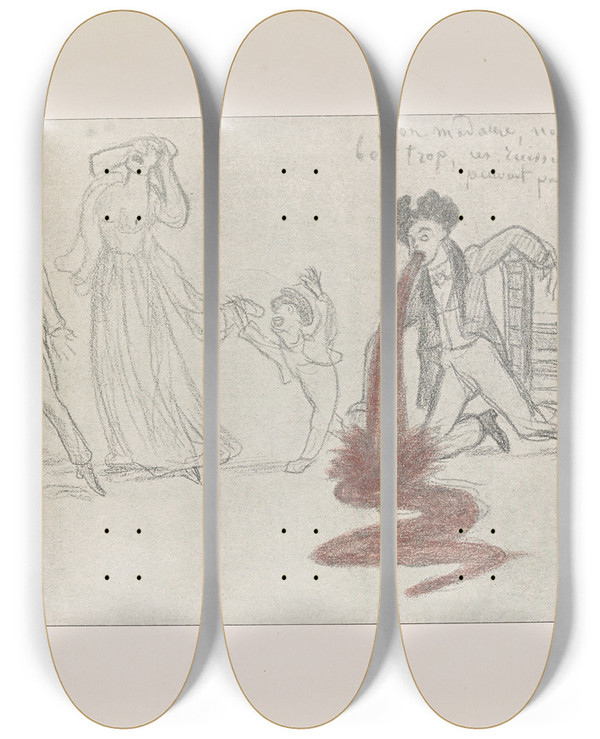 Triptych art skateboard deck of Pierre Puvis De Chavannes Les Caricatures De Puvis De Chavannes Pl37 by Pierre Puvis De Chavannes (1824-1898)