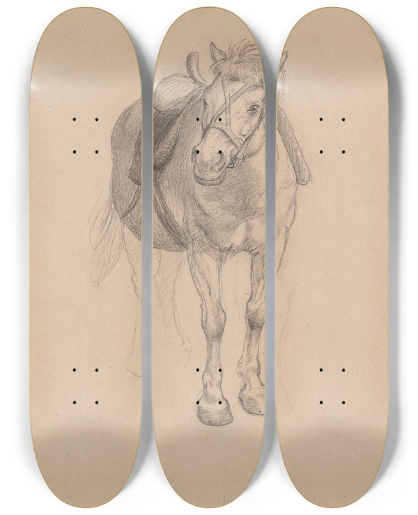 Triptych art skateboard deck of Adolph Tidemand Saddled Horse by Adolph Tidemand (1814-1876)